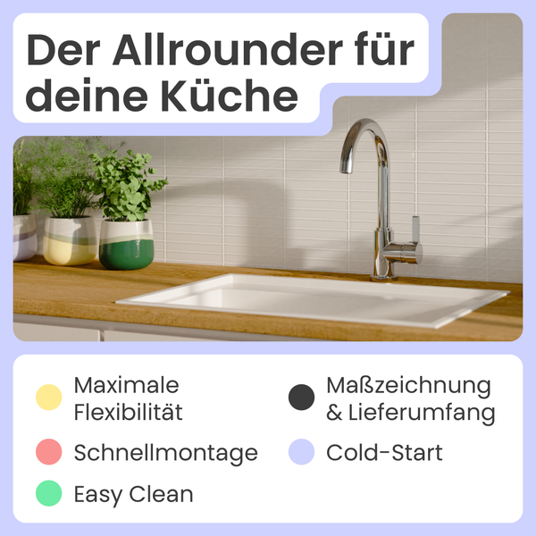 Küchenspüle mit Armatur und Hinweisen zu maximaler Flexibilität, schneller Montage, einfacher Reinigung, Maßzeichnung, Lieferumfang und Kaltstartfunktion.