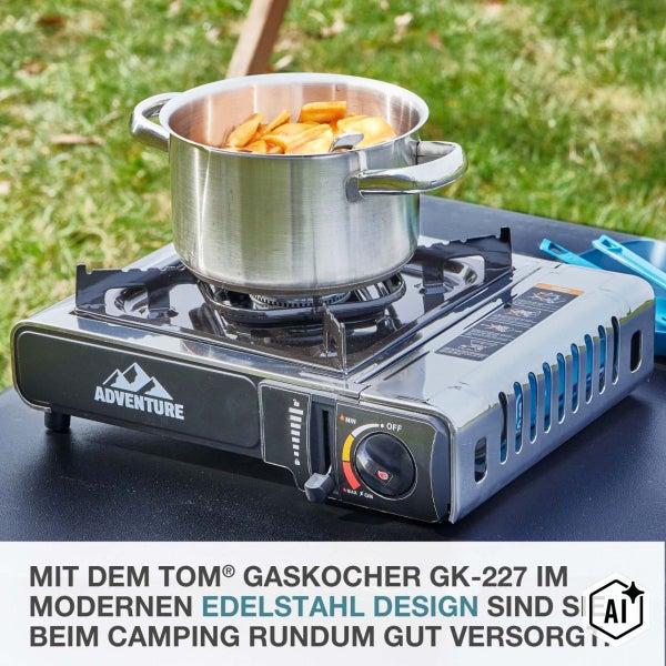 Adventure Gaskocher GK 227 mit einem Topf auf einem Tisch im Freien für Camping und Outdoor Aktivitäten.