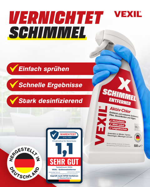 VEXIL Schimmelentferner Sprühflasche zur effektiven Beseitigung von Schimmel und Bakterien mit Siegel für sehr gut getestete Qualität.