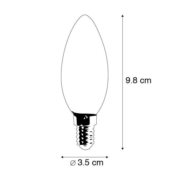 Abbildung einer Glühbirne mit den Maßen 9,8 cm Länge und 3,5 cm Durchmesser.