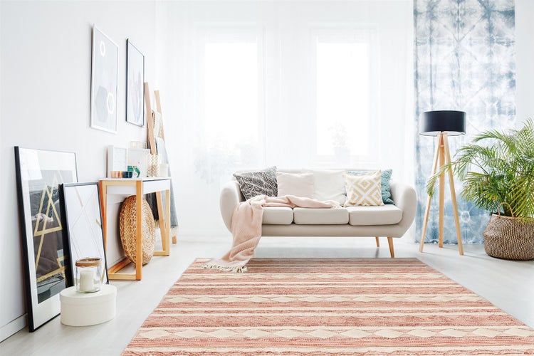 Hell gestaltetes Wohnzimmer mit einem gemusterten Teppich, Sofa mit Kissen, Konsole, Stehlampe und einer großen Zimmerpflanze.