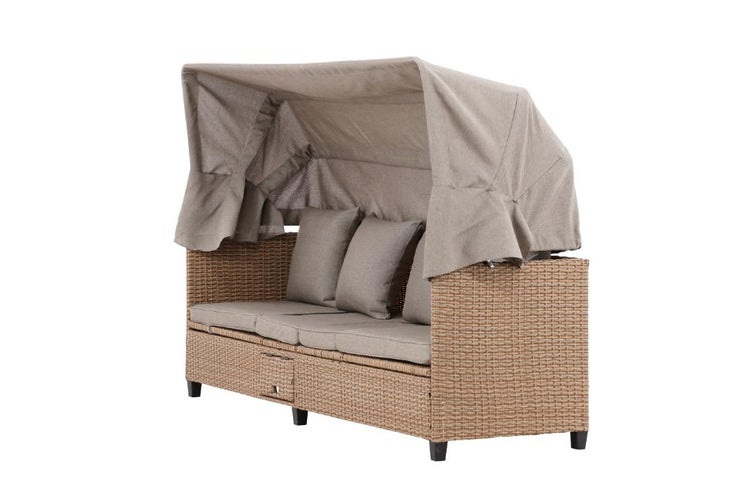 Gartenstrandkorb aus Rattan mit Sonnendach und Kissen