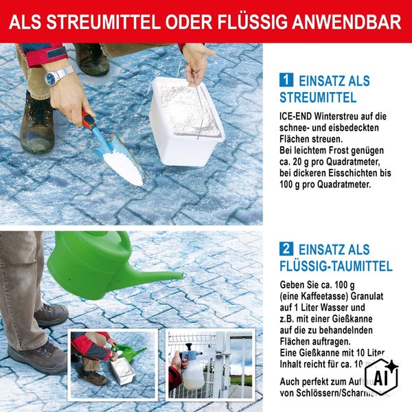 Anwendungshinweise für ICE-END Winterstreu als Streumittel oder Flüssigtaumittel auf eisbedeckten Flächen.