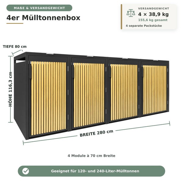 4er Mülltonnenbox aus Metall und Holz mit Maßen: Breite 280 Zentimeter, Höhe 116,3 Zentimeter und Tiefe 80 Zentimeter.