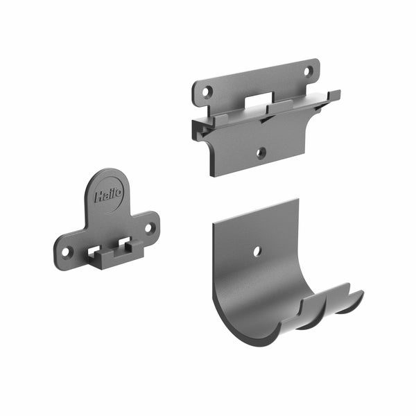 Dreiteiliges Hailo Wandhalter-Set aus Kunststoff für Leitern und Zubehör.
