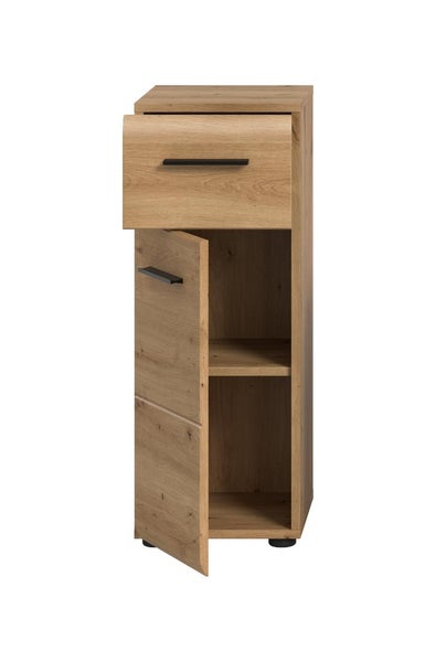 Badezimmer-Unterschrank in Eiche-Optik mit einer Schublade und einer geöffneten Tür, schwarze Griffe.