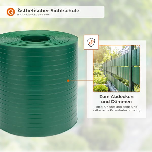 QUEST Logo. Infografik zu Montageoptionen für PVC Sichtschutzstreifen 19 Zentimeter: passgenaue Streifen, 26 Meter Zaunrolle und Streifen mit Clips.