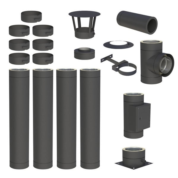 Mehrteiliges doppelwandiges Schornsteinset aus schwarzem Edelstahl mit Rohrelementen, T-Stück, Reinigungsöffnung und Befestigungsmaterial.
