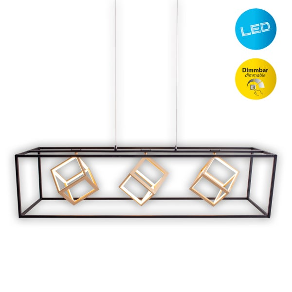 Hängelampe mit rechteckigem Rahmen und drei Würfeln