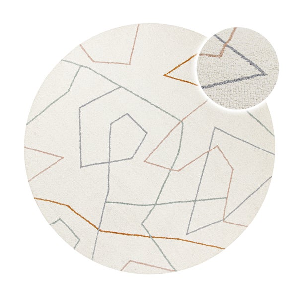 Runder Teppich mit abstraktem geometrischem Linienmuster und Detailansicht der gewebten Textur.