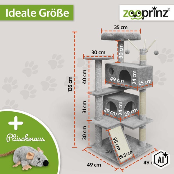 Zooprinz Katzenkratzbaum mit mehreren Ebenen, Höhlen und Spielzeug sowie Plüschmaus inklusive Maßangaben zur Größe.