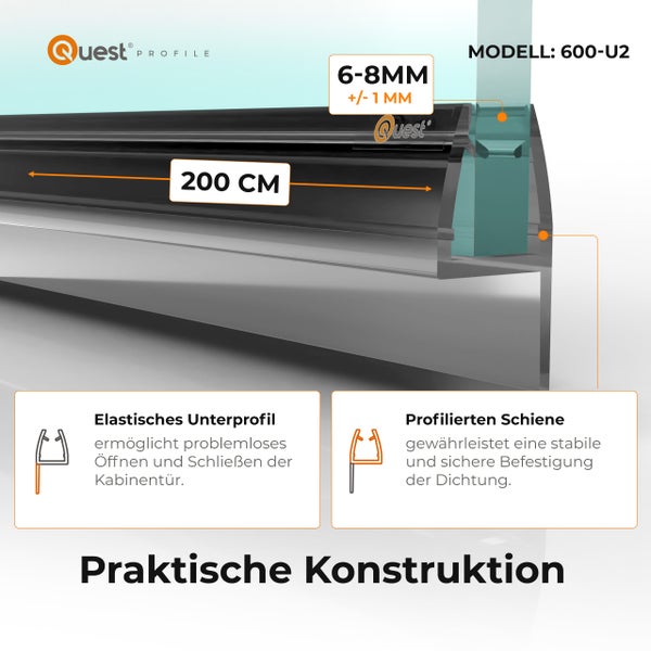 Quest Profile Duschdichtung Modell 600 U2, 200 Zentimeter lang, geeignet für Glasstärken von 6 bis 8 Millimeter, elastisches Unterprofil.