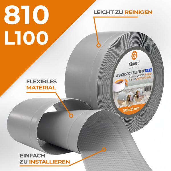 Quest Profile Weichsockelleiste auf Rolle 100 mal 25 Millimeter, flexibles Material, einfach zu installieren und leicht zu reinigen.