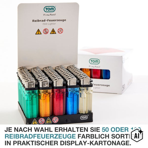 TOM Reibrad Feuerzeuge im 50er oder 100er Set in praktischer Displaykartonage sortiert.