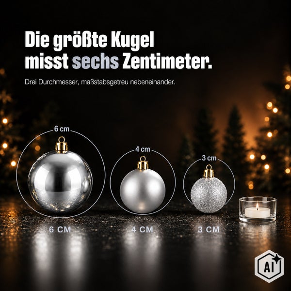 Drei Weihnachtskugeln im Größenvergleich mit Durchmessern von drei, vier und sechs Zentimetern und einem Teelicht.