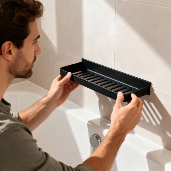 Ein Mann montiert ein rechteckiges Duschregal aus Metall an einer gefliesten Badezimmerwand über der Badewanne.