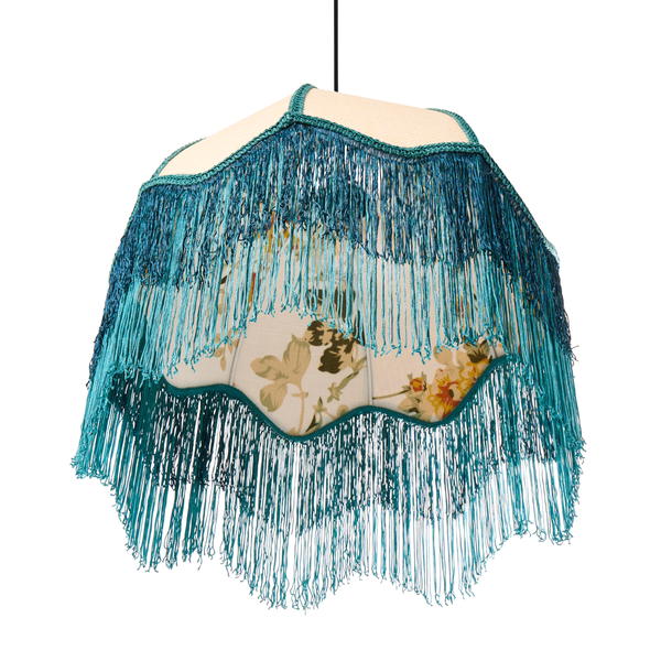 Hängelampe mit floralem Muster und Fransen