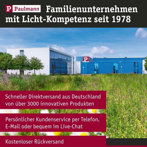 Paulmann Logo und Unternehmensgebäude mit Text zu Licht-Kompetenz seit 1978, Direktversand, Kundenservice und kostenlosem Rückversand.