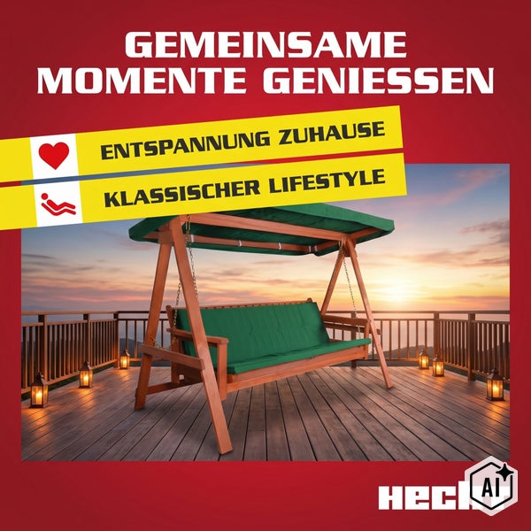 Garten Hollywoodschaukel aus Holz mit Sonnendach und Auflagen auf einer Terrasse bei Sonnenuntergang Hecht Logo