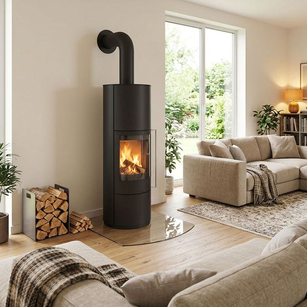 Moderner Kaminofen in zylindrischer Form mit brennendem Feuer im Wohnzimmer, ergänzt durch einen Kaminbesteckhalter mit Holzscheiten.