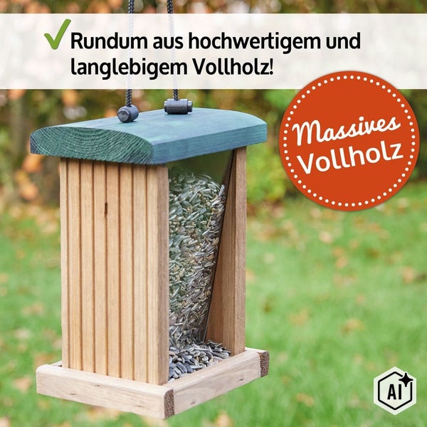 Vogel-Futterhaus aus massivem Vollholz zum Aufhängen mit Vorratsbehälter für Vogelfutter