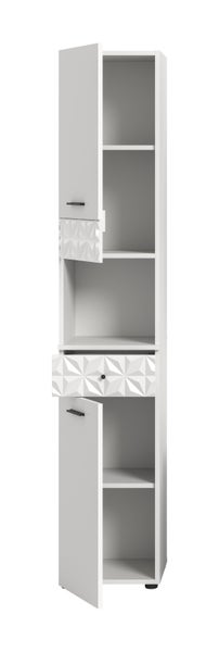 Weißer Badezimmer-Hochschrank mit zwei offenen Türen, einer Schublade mit geometrischem Reliefmuster, einem offenen Fach und schwarzen Griffen.
