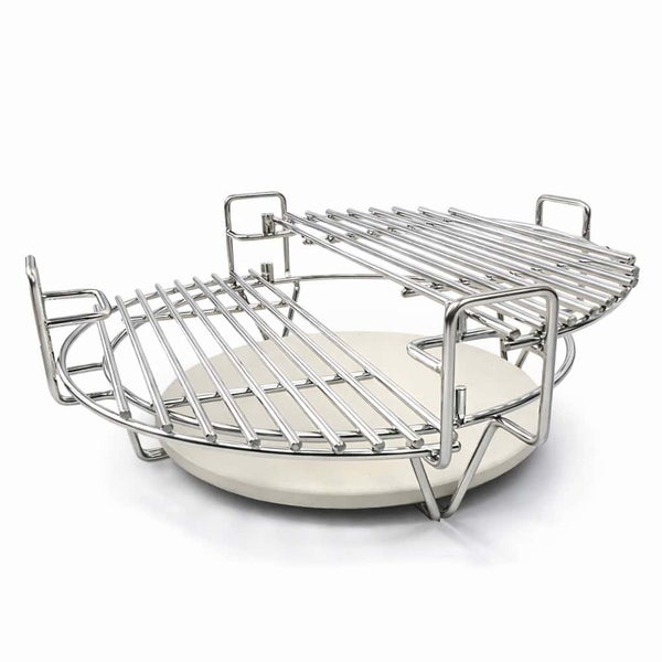 Mehrstufiges Grillrost-System aus Edelstahl mit Keramik-Hitzedeflektor für Kamado-Grills.