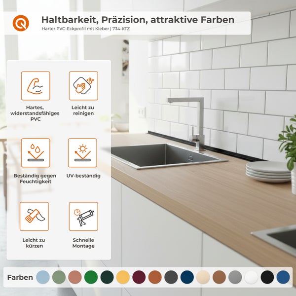 Küchenszene mit Eckprofil aus robustem PVC mit Kleber, resistent gegen Feuchtigkeit und UV-Strahlung, leicht zu reinigen und zu kürzen, schnelle Montage.