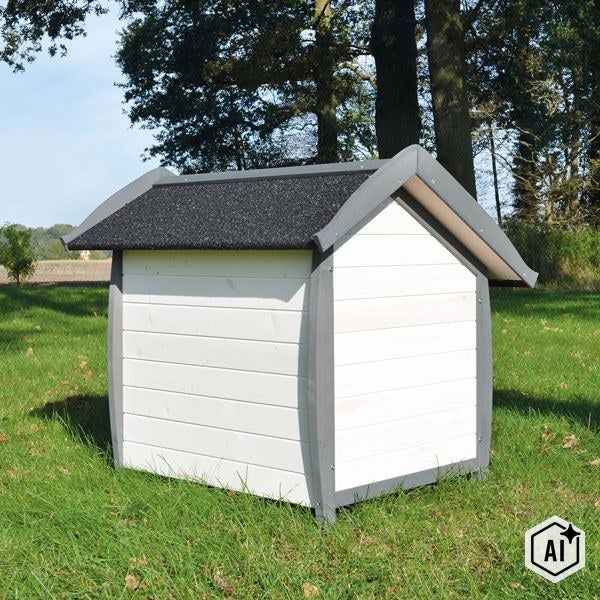 Hundehütte aus Holz mit Satteldach und Bitumendachbahn, aufgestellt auf einer Wiese im Freien.