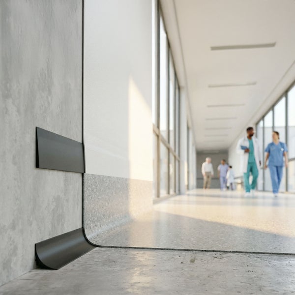 Flur einer Schule mit elastischem Bodenbelag, Sockelleiste und spielenden Kindern