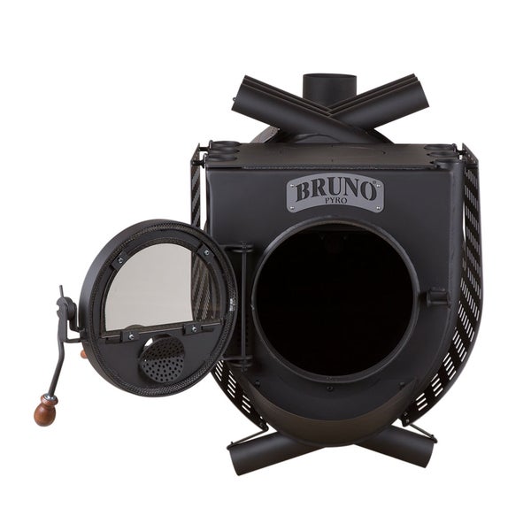 Holzofen mit offener Tür und Bruno Pyro Logo