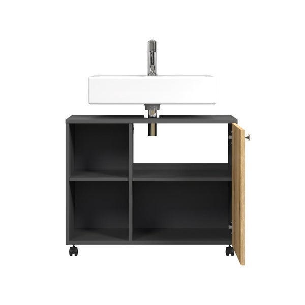 Waschtischunterschrank mit Waschbecken und Armatur, mit offenen Ablagefächern und einer Tür auf Rollen.