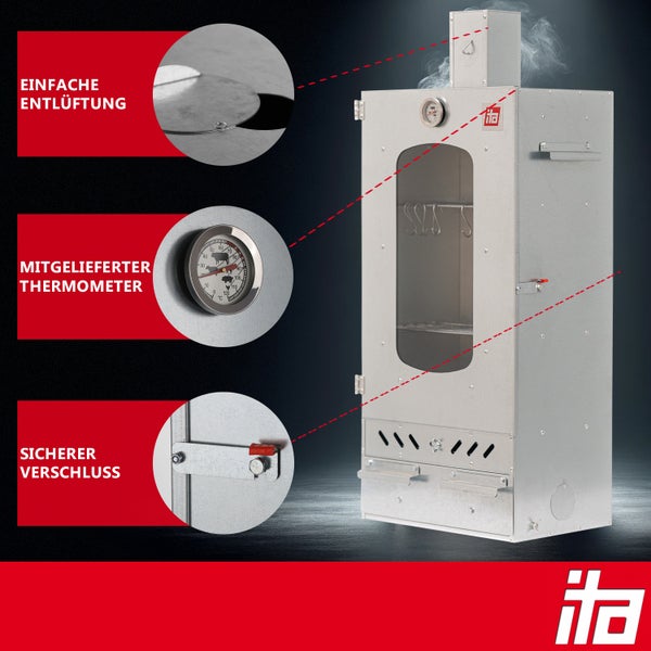 Räucherofen aus Metall mit Thermometer, Entlüftung und sicherem Verschluss. Inklusive Sichtfenster und Räucherhaken. ita Logo.