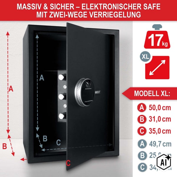 Elektronischer Safe Modell XL mit elektronischem Schloss und Zwei-Wege-Verriegelung inklusive Maßangaben und 17 Kilogramm Gewicht.