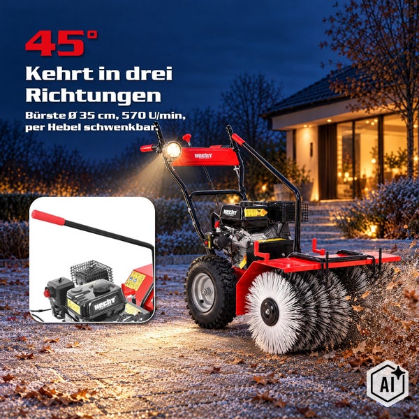 Motorbetriebene Kehrmaschine mit schwenkbarer Bürste Durchmesser 35 Zentimeter und Scheinwerfer für die Reinigung von Außenflächen.