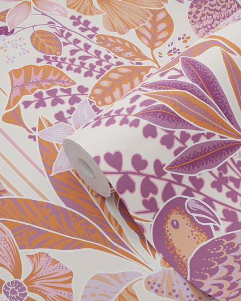 ESTAhome Tapete tropischen Blumen und Paradiesvögeln Orange und Lila - 50 x 900 cm - 131155