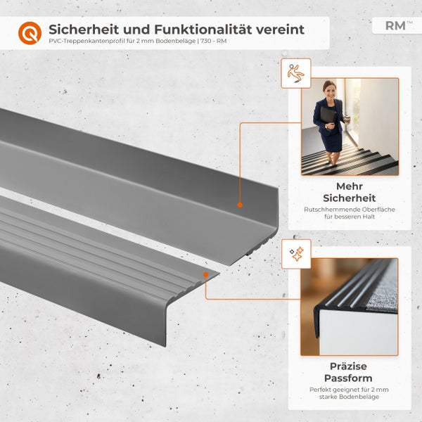 PVC-Treppenkantenprofil, rutschhemmende Oberfläche für 2 Millimeter Bodenbeläge, Anwendungsbeispiel und Detailansicht der Passform. RM Logo.