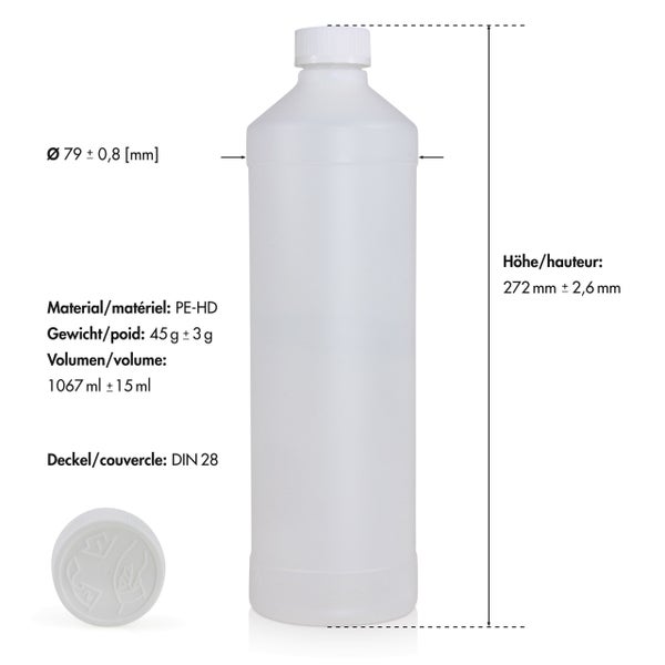 Weiße PE-HD Flasche mit den Maßen 79 mal 272 Millimeter