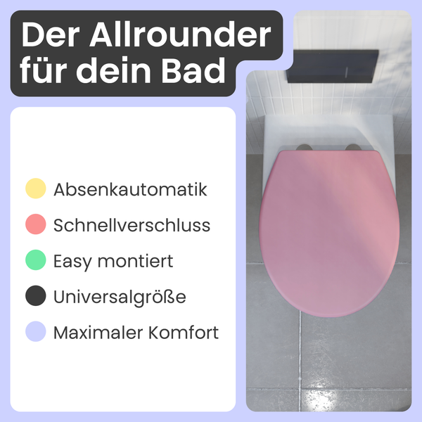 Rosa WC-Sitz mit Absenkautomatik, Schnellverschluss und Universalgröße, montiert auf einer Toilette in einem Badezimmer.