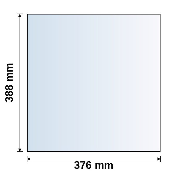 Rechteckige Platte mit einer Höhe von 388 Millimeter und einer Breite von 376 Millimeter.
