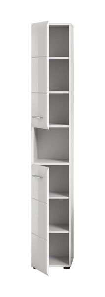 Schmaler Hochschrank für das Badezimmer in Weiß mit zwei Türen, einem offenen Mittelfach und mehreren Einlegeböden.