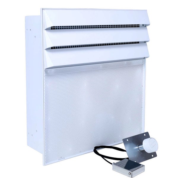 Wandeinbaukamin als Elektroheizer mit Lamellenfront und externem Thermostatregler zur Raumbeheizung