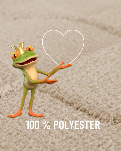 Materialhinweis 100 Prozent Polyester mit Frosch-Maskottchen.