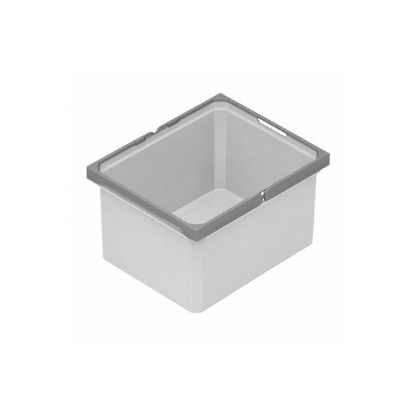 Rechteckige Aufbewahrungsbox aus grauem Kunststoff mit verstärktem Rand.