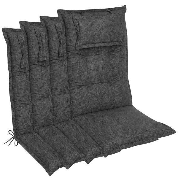 Mehrere anthrazitfarbene Gartenstuhlauflagen mit Bindebändern