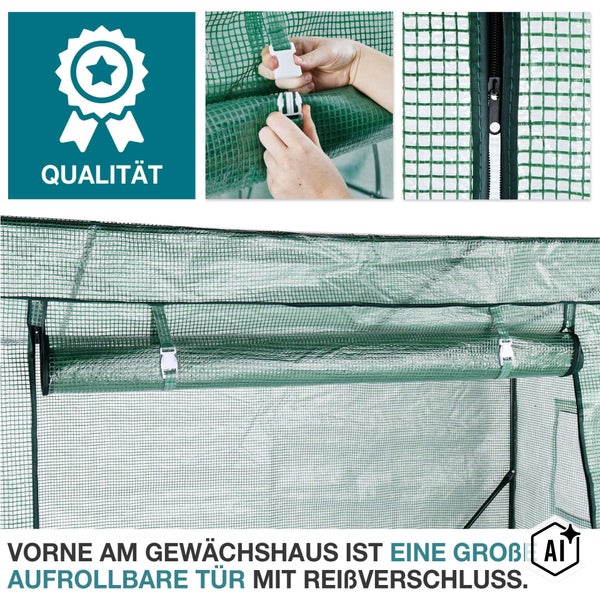 Folien-Gewächshaus mit aufrollbarer Tür, Reißverschluss und Schnallenbefestigung, inklusive Qualitätssiegel.