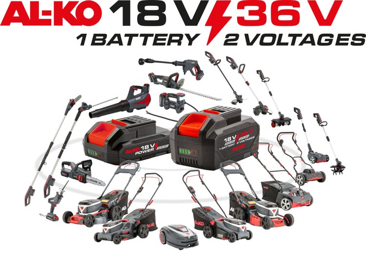 AL-KO Akkusystem für Gartengeräte mit 18 Volt und 36 Volt Akkus sowie verschiedenen kompatiblen Geräten wie Rasenmäher und Trimmer.
