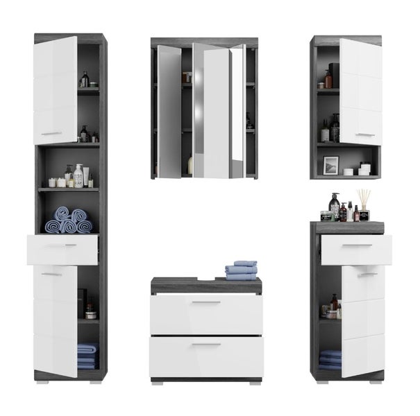 Badezimmermöbel Set bestehend aus Hochschrank, Spiegelschrank, Waschbeckenunterschrank und Beistellschrank. Weiße Hochglanzfronten, grauer Korpus.