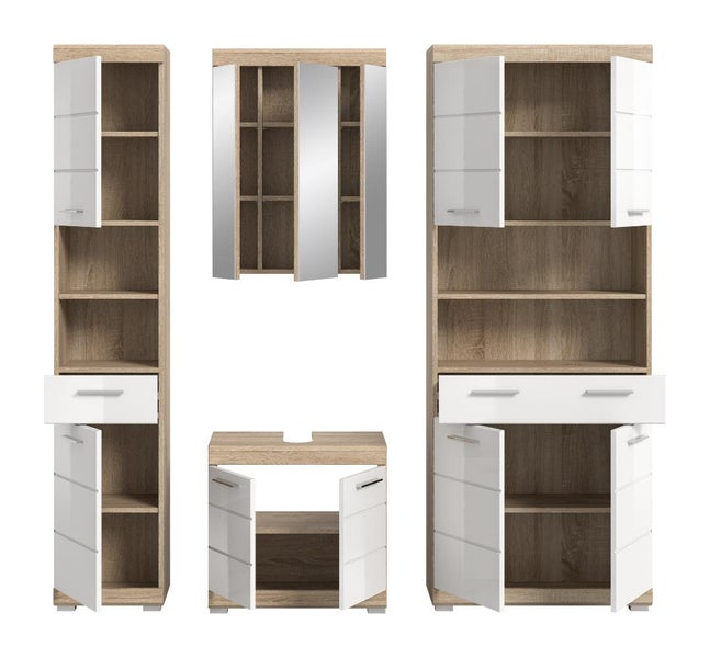 Mehrteiliges Badezimmermöbel-Set in Holz-Optik mit weißen Hochglanz-Fronten, bestehend aus Hochschränken, Spiegelschrank und Waschbeckenunterschrank.