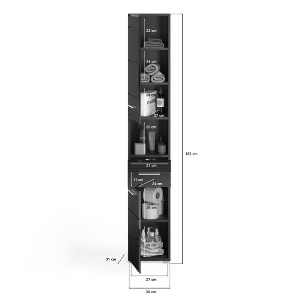 Linus Hochschrank Bad 2 Türen, 1 Schublade, 1 Ablage  Hochglanz schwarz,schwarz. 30 X 31 X 182 cm